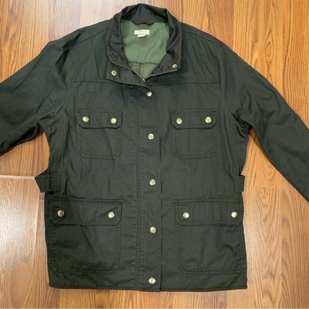 J. Crew Factory Twill Field Jacket Women XL Dark Green Zip Up Snap Button Pocket - Picture 2 of 6